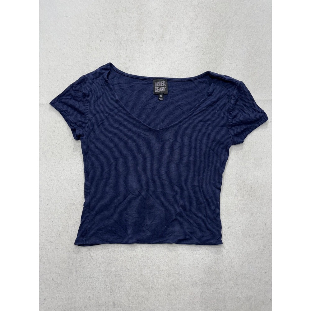 Derek Heart Shirt Womens Medium Blue V Neck Ribbed Cropped Tee Casual Stretch